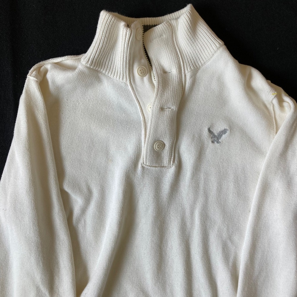 American Eagle Mens Large Cream‎ White 1/4 Zip Button Mock Neck Cotton Sweater
